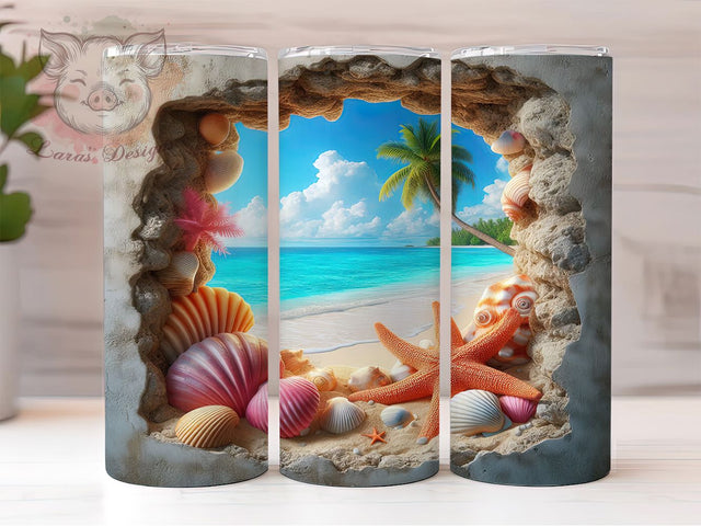 3D Cracked Wall Beach Tumbler, Cracked Wall Wrap, 20Oz Skinny Tumbler, Sea Shells Sublimation, Coastal Ocean Design, Nautical Shoreline Tumbler, Tropical Beach Wrap Sublimation Lara' s Designs 