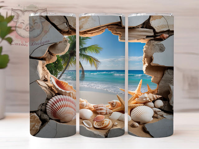 3D Cracked Wall Beach Tumbler, Cracked Wall Wrap, 20Oz Skinny Tumbler, Sea Shells Sublimation, Coastal Ocean Design, Nautical Shoreline Tumbler, Tropical Beach Wrap Sublimation Lara' s Designs 