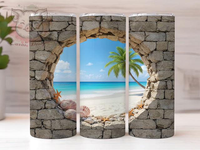 3D Cracked Wall Beach Tumbler, Cracked Wall Wrap, 20Oz Skinny Tumbler, Sea Shells Sublimation, Coastal Ocean Design, Nautical Shoreline Tumbler, Tropical Beach Wrap Sublimation Lara' s Designs 