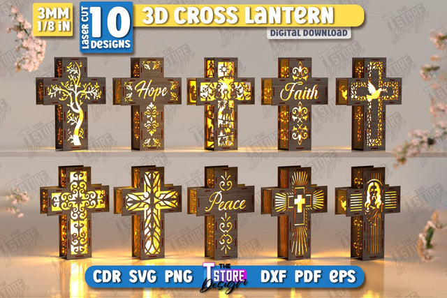 3D Cross Lantern Laser Cut Bundle | Christian Cross | Religious Symbol | Layered Cross | CNC Files SVG The T Store Design 