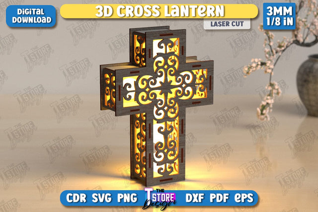 3D Cross Lantern Laser Cut | Christian Cross | Religious Symbol | Layered Cross | CNC File SVG The T Store Design 