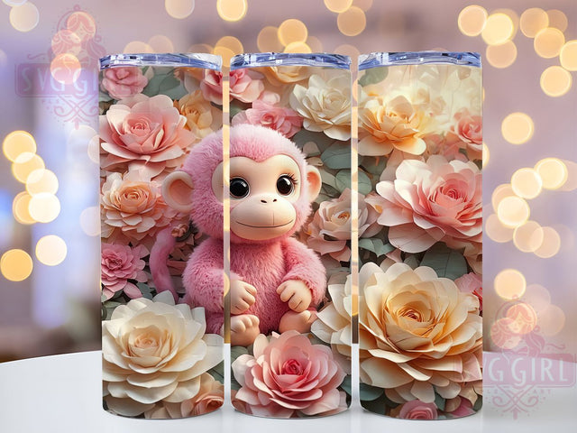 3D Cute Pink Floral Monkey Tumbler, Cute Floral Monkey Wrap, Adorable Animal Mug Design, Sublimation Wrap, Girly Drinkware, Gift Idea For Her, Sparkly Floral Cup Sublimation SvggirlplusArt 