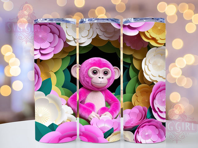 3D Cute Pink Floral Monkey Tumbler, Cute Floral Monkey Wrap, Adorable Animal Mug Design, Sublimation Wrap, Girly Drinkware, Gift Idea For Her, Sparkly Floral Cup Sublimation SvggirlplusArt 