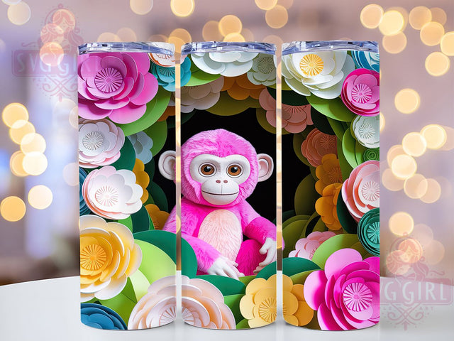 3D Cute Pink Floral Monkey Tumbler, Cute Floral Monkey Wrap, Adorable Animal Mug Design, Sublimation Wrap, Girly Drinkware, Gift Idea For Her, Sparkly Floral Cup Sublimation SvggirlplusArt 