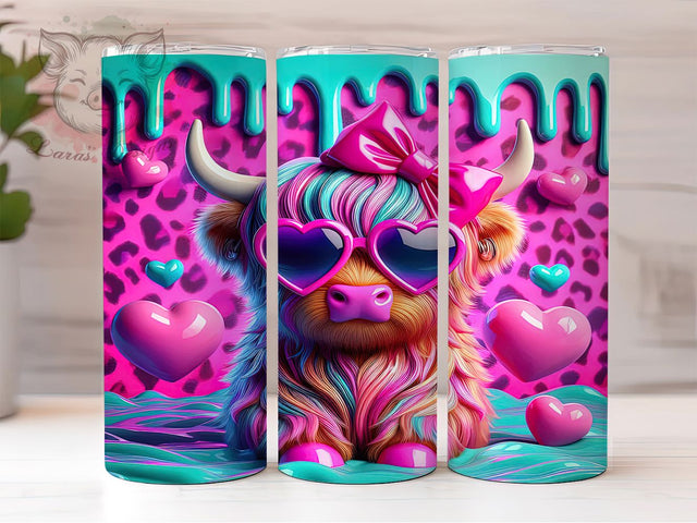 3D Cute Valentine Highland Cow Tumbler, 3D Valentine Pattern, Cute Cow Love Design, 20Oz Sublimation Wrap, Rustic Romantic Art, Puffy Cow Texture, Tumbler Sublimation Sublimation Lara' s Designs 