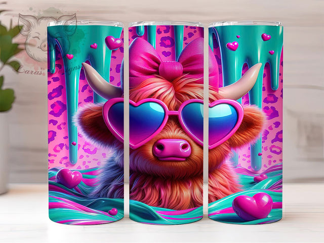 3D Cute Valentine Highland Cow Tumbler, 3D Valentine Pattern, Cute Cow Love Design, 20Oz Sublimation Wrap, Rustic Romantic Art, Puffy Cow Texture, Tumbler Sublimation Sublimation Lara' s Designs 