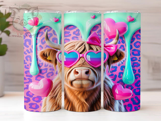 3D Cute Valentine Highland Cow Tumbler, 3D Valentine Pattern, Cute Cow Love Design, 20Oz Sublimation Wrap, Rustic Romantic Art, Puffy Cow Texture, Tumbler Sublimation Sublimation Lara' s Designs 