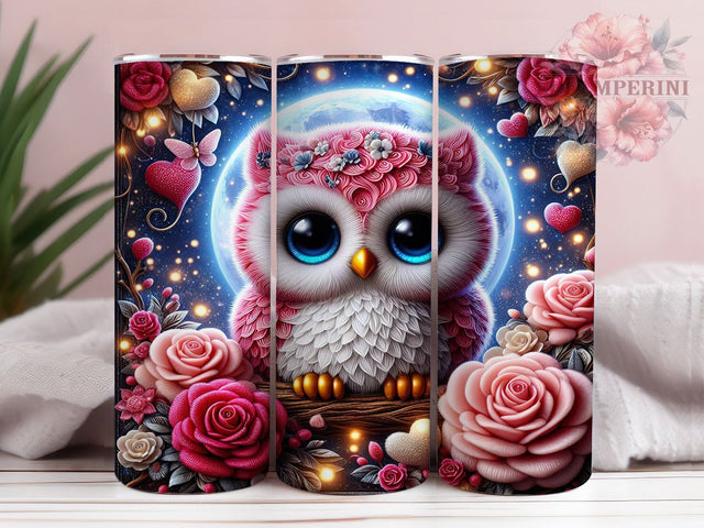 3D Cute Valentine Owl Tumbler, Cute Bird Love Pattern, Romantic Wildlife Design, 20Oz Sublimation Wrap, Adorable Owl Art, Heart Motif Texture, Tumbler Sublimation Sublimation Li Zamperini 