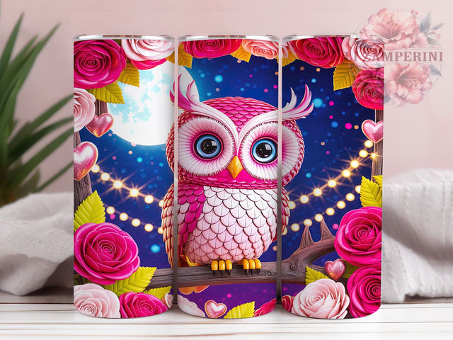 3D Cute Valentine Owl Tumbler, Cute Bird Love Pattern, Romantic Wildlife Design, 20Oz Sublimation Wrap, Adorable Owl Art, Heart Motif Texture, Tumbler Sublimation Sublimation Li Zamperini 