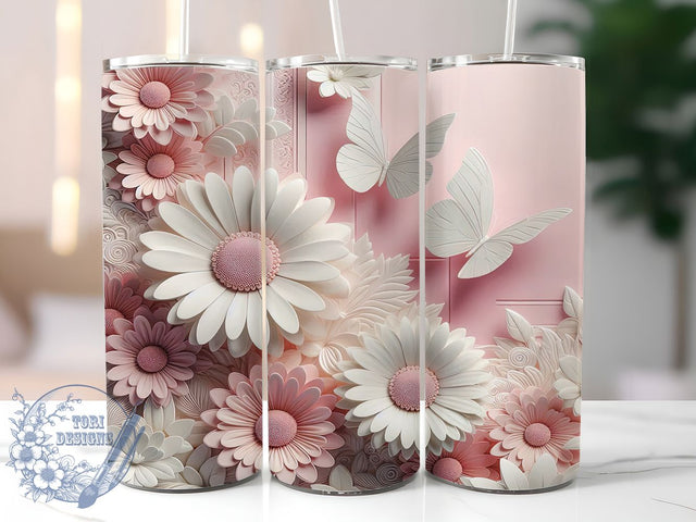 3D Daisy Pink & White Floral Tumbler, Pink and White Floral Wrap, 20oz Tumbler Sublimation, Realistic Flower Design, Spring Bloom Aesthetic, Wildflower Art Tumbler, Botanical Garden Style Sublimation ToriDesigns 