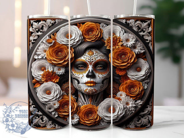 3D Day of the Dead Skull Girl Tumbler, Sugar Skull Girl Wrap, Dia De Los Muertos Tumbler, 20Oz Skinny Tumbler Wrap, Gothic Skeleton Girl Design, Mexican Festival Sublimation, Colorful Skull Tumbler Sublimation ToriDesigns 