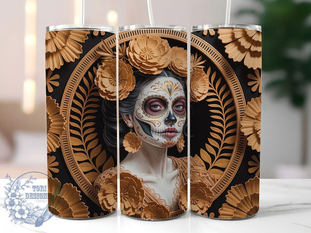 3D Day of the Dead Skull Girl Tumbler, Sugar Skull Girl Wrap, Dia De Los Muertos Tumbler, 20Oz Skinny Tumbler Wrap, Gothic Skeleton Girl Design, Mexican Festival Sublimation, Colorful Skull Tumbler Sublimation ToriDesigns 