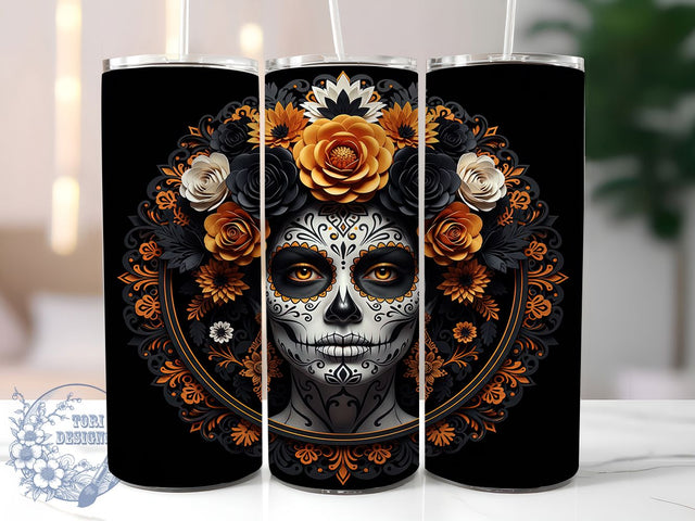 3D Day of the Dead Skull Girl Tumbler, Sugar Skull Girl Wrap, Dia De Los Muertos Tumbler, 20Oz Skinny Tumbler Wrap, Gothic Skeleton Girl Design, Mexican Festival Sublimation, Colorful Skull Tumbler Sublimation ToriDesigns 