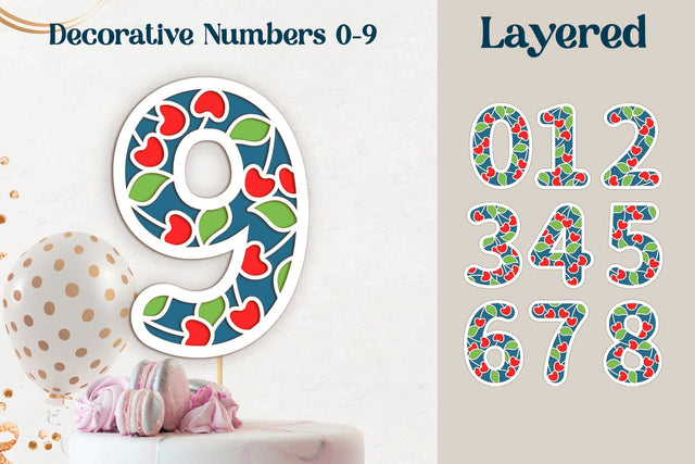 3d Decorative Birthday numbers svg, Layered cake topper with cherry SVG AnastasiyaArtDesign 