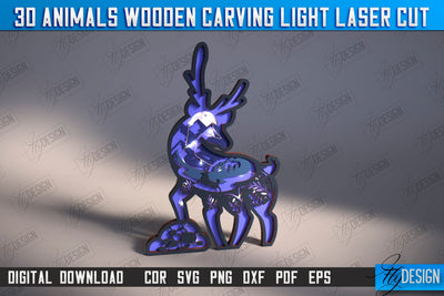 3D Deer Wooden Carving Light | LED Night Light | Animal Figurines | CNC File SVG Fly Design 
