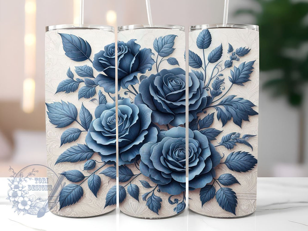 3D Delft Blue Roses Flowers 20oz Skinny Tumbler, 3D Roses Flowers ...