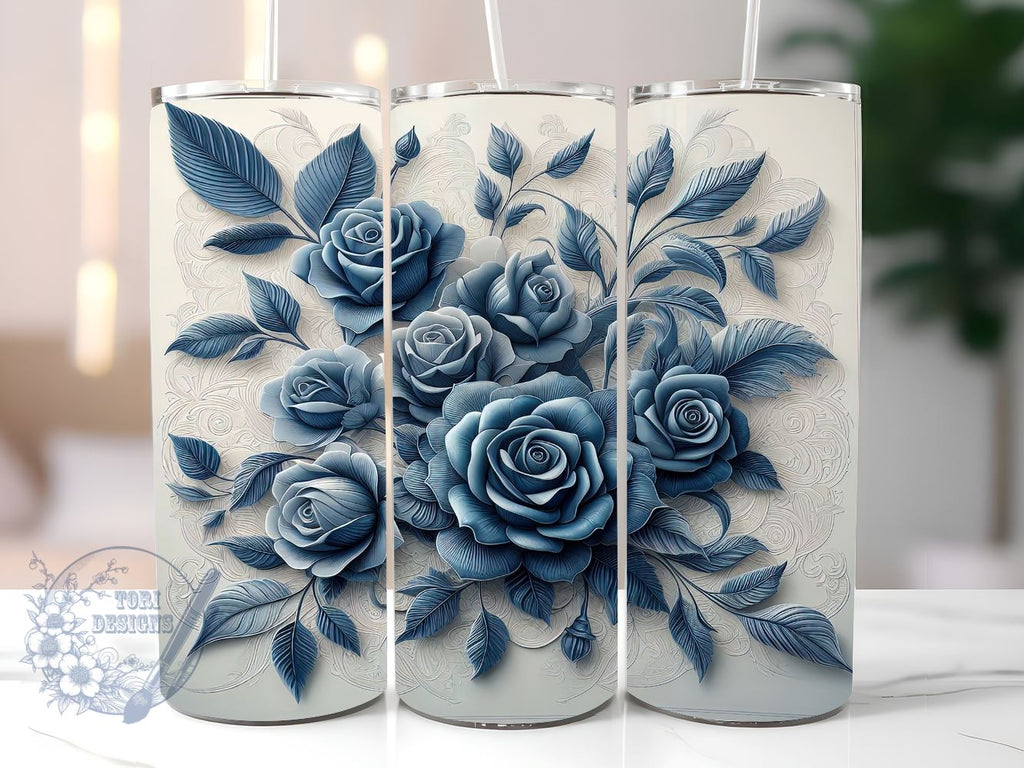 3D Delft Blue Roses Flowers 20oz Skinny Tumbler, 3D Roses Flowers ...