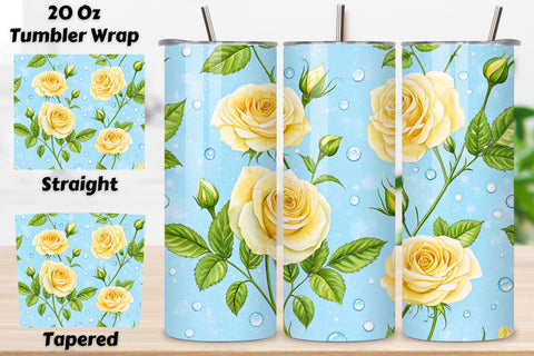 3D Dewdrop Morning Rose Seamless Tumbler Wrap, Pale Yellow Roses with Water Droplets, seamless tumbler wrap, dewdrop rose design, morning floral wrap, yellow water droplets, fresh rose arrangement, 20oz skinny tumbler Sublimation FloridPrintables 