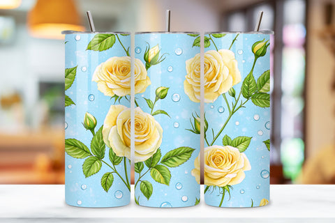 3D Dewdrop Morning Rose Seamless Tumbler Wrap, Pale Yellow Roses with Water Droplets, seamless tumbler wrap, dewdrop rose design, morning floral wrap, yellow water droplets, fresh rose arrangement, 20oz skinny tumbler Sublimation FloridPrintables 