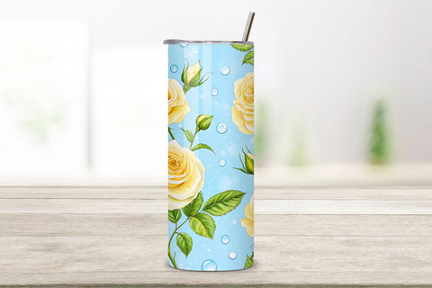 3D Dewdrop Morning Rose Seamless Tumbler Wrap, Pale Yellow Roses with Water Droplets, seamless tumbler wrap, dewdrop rose design, morning floral wrap, yellow water droplets, fresh rose arrangement, 20oz skinny tumbler Sublimation FloridPrintables 