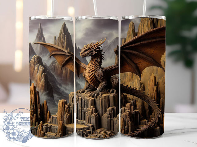 3D Dragon Cliff Wood Tumbler, Laser Engrave Design, Wood Slate Texture, 3D Dragon Art, Mythical Dragon Graphic, 20oz Tumbler, Sublimation Design Sublimation ToriDesigns 