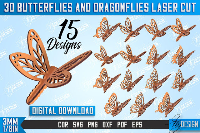 3D Dragonflies and Butterflies Bundle | Summer Design | CNC File SVG Fly Design 