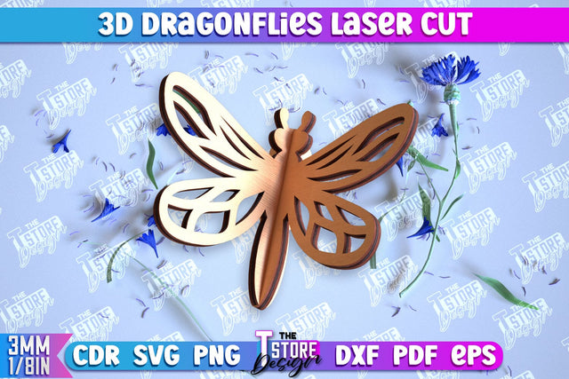 3D Dragonflies Laser Cut | Summer Design | Decorative Dragonflies | CNC File SVG The T Store Design 