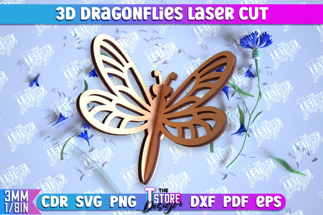 3D Dragonflies Laser Cut | Summer Design | Decorative Dragonflies | CNC File SVG The T Store Design 