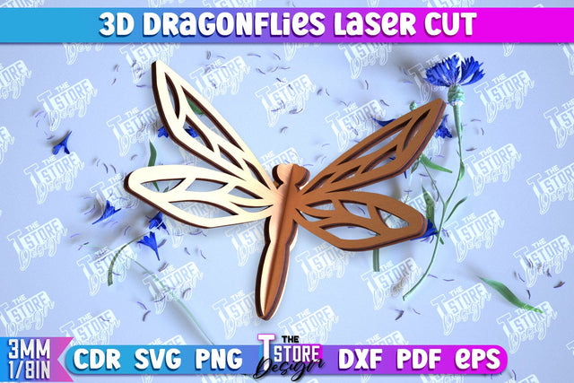 3D Dragonflies Laser Cut | Summer Design | Decorative Dragonflies | CNC File SVG The T Store Design 