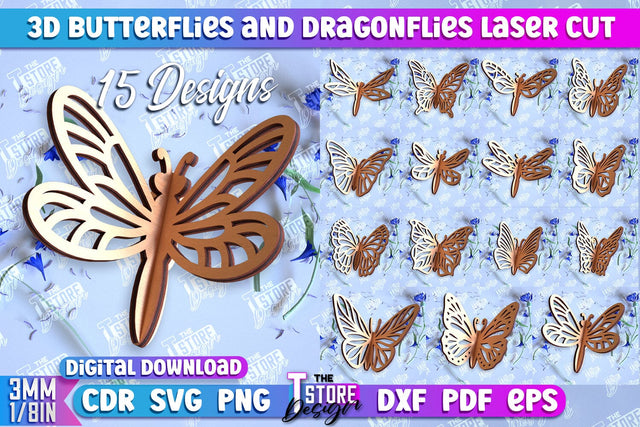 3D Dragonfly | 3D Butterflies | Summer Design | Decorative Bundle | CNC File SVG The T Store Design 