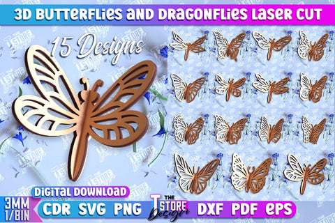 3D Dragonfly | 3D Butterflies | Summer Design | Decorative Bundle | CNC File SVG The T Store Design 