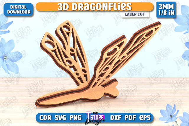 3D Dragonfly Laser Cut | Summer Design | Decorative Dragonfly | CNC File SVG The T Store Design 