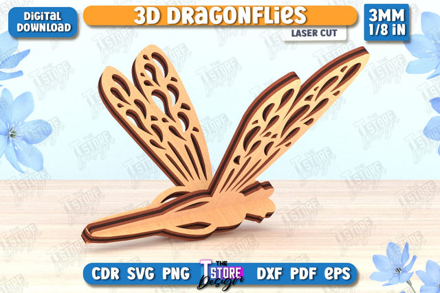 3D Dragonfly Laser Cut | Summer Design | Decorative Dragonfly | CNC File SVG The T Store Design 