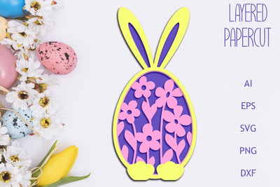 3d Easter egg with bunny ears and flowers, Layered papercut decor 3D Paper AnastasiyaArtDesign 