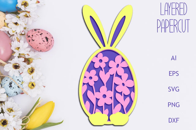 3d Easter egg with bunny ears and flowers, Layered papercut decor 3D Paper AnastasiyaArtDesign 