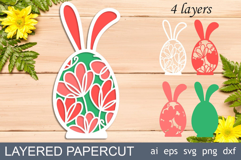 3d Easter egg with bunny ears and flowers svg, Easter layered papercut ...