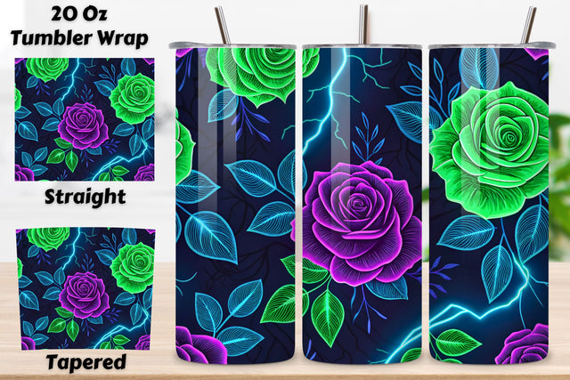 3D Electric Rose Seamless Tumbler Wrap, Neon Green and Purple Roses, seamless tumbler wrap, electric rose design, neon floral wrap, green purple roses, watercolor electric design, 20oz skinny tumbler, tapered tumbler wrap, straight tumbler design Sublimation FloridPrintables 