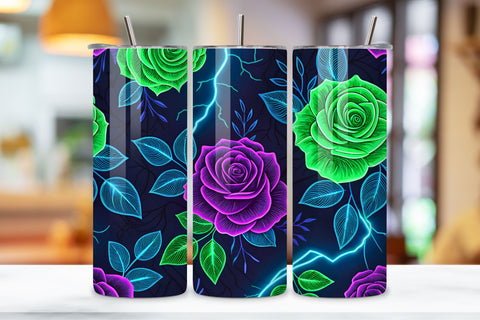 3D Electric Rose Seamless Tumbler Wrap, Neon Green and Purple Roses, seamless tumbler wrap, electric rose design, neon floral wrap, green purple roses, watercolor electric design, 20oz skinny tumbler, tapered tumbler wrap, straight tumbler design Sublimation FloridPrintables 
