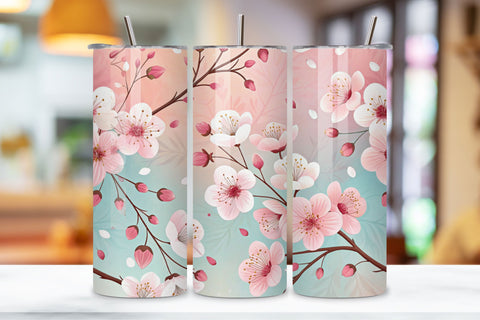 3D Elegant Cherry Blossom Seamless Tumbler Wrap, Pink and White Spring Theme Sublimation FloridPrintables 