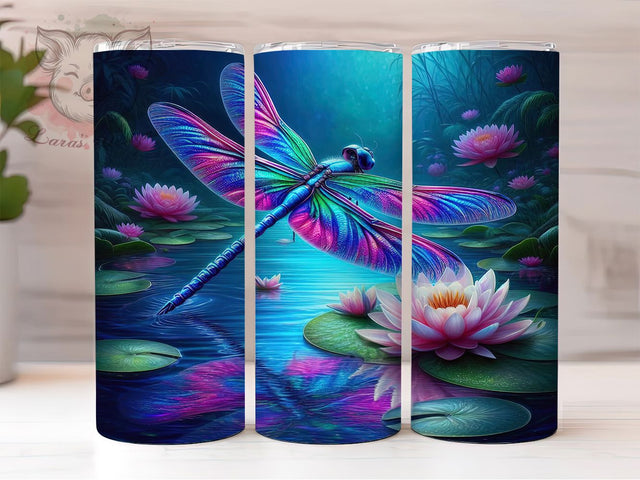 3D Elegant Floral Dragonfly Tumbler, Elegant Insect Wrap, Floral Nature Design, Sublimation Cup, 20oz Skinny Tumbler, Whimsical Drinkware, Dragonfly Style Sublimation Lara' s Designs 