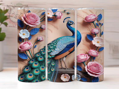 3D Elegant Floral Peacock Tumbler, Floral Bird Wrap, 20Oz Skinny Tumbler, Elegant Peacock Sublimation, Vibrant Feather Design, Nature-Inspired Tumbler, Exotic Garden Wrap Sublimation Lara' s Designs 