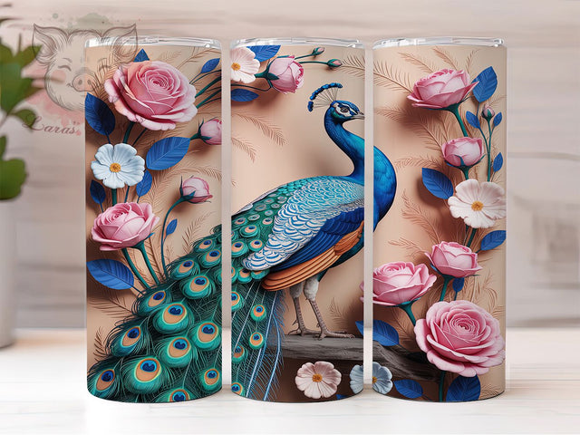 3D Elegant Floral Peacock Tumbler, Floral Bird Wrap, 20Oz Skinny Tumbler, Elegant Peacock Sublimation, Vibrant Feather Design, Nature-Inspired Tumbler, Exotic Garden Wrap Sublimation Lara' s Designs 