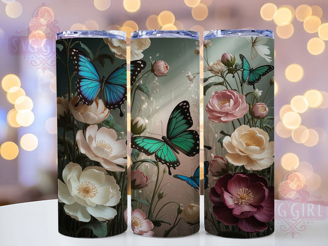 3D Elegant Green Butterfly Tumbler, Elegant Floral Wrap, Green Butterfly Design, Sublimation Cup, 20oz Skinny Tumbler, Nature Inspired Drinkware, Elegant Spring Style Sublimation SvggirlplusArt 