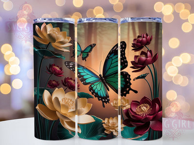 3D Elegant Green Butterfly Tumbler, Elegant Floral Wrap, Green Butterfly Design, Sublimation Cup, 20oz Skinny Tumbler, Nature Inspired Drinkware, Elegant Spring Style Sublimation SvggirlplusArt 