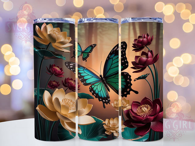 3D Elegant Green Butterfly Tumbler, Elegant Floral Wrap, Green Butterfly Design, Sublimation Cup, 20oz Skinny Tumbler, Nature Inspired Drinkware, Elegant Spring Style Sublimation SvggirlplusArt 