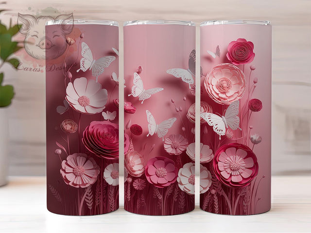 3D Elegant Pink Butterfly Tumbler, 3D Floral Tumbler, Elegant Butterfly Wrap, Whimsical Pink Wrap, Artistic Floral Wrap, Sublimation Design, Trendy Gift Idea Sublimation Lara' s Designs 