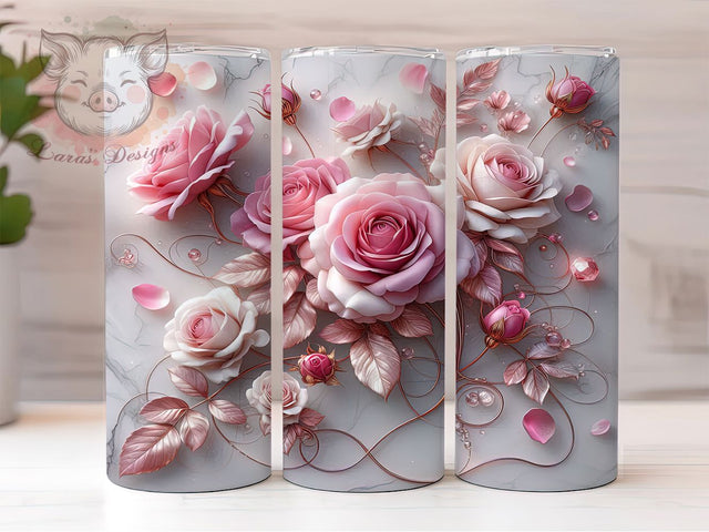 3D Elegant Pink Roses Tumbler, Pink Floral, Elegant Wrap, Sublimation Art, 20oz Tumbler, Romantic Theme, Nature Style Sublimation Lara' s Designs 