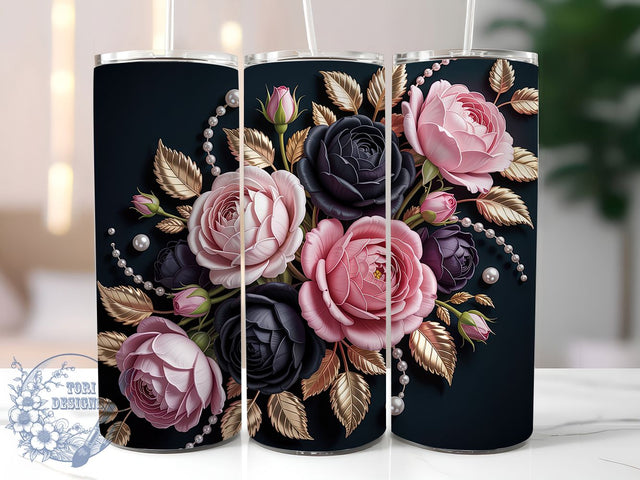 3D Elegant Rose Floral Tumbler, Elegant Rose Wrap, Romantic Rose Cup, 20oz Sublimation Wrap, Stylish Flower Design Tumbler, Artistic 3D Rose Cup, Nature Floral Theme Wrap Sublimation ToriDesigns 