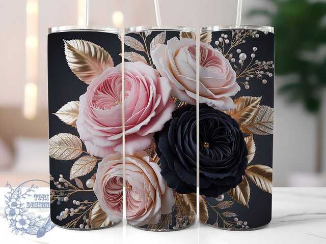 3D Elegant Rose Floral Tumbler, Elegant Rose Wrap, Romantic Rose Cup, 20oz Sublimation Wrap, Stylish Flower Design Tumbler, Artistic 3D Rose Cup, Nature Floral Theme Wrap Sublimation ToriDesigns 