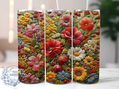 3D Embroidered Floral Tumbler, Embroidered Flower Tumbler, Whimsical Embroidery Wrap, Elegant Floral Wrap, Textured Flower Wrap, Sublimation Design, Trendy Gift Idea Sublimation ToriDesigns 